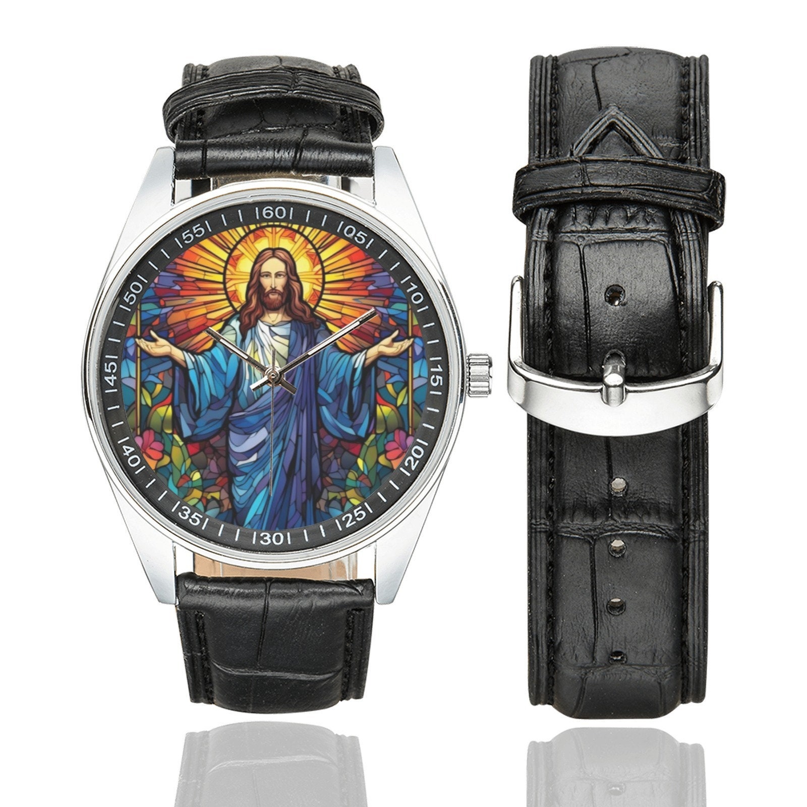 Orologio Taport Quadrato Con Quadrato Gesù Cristo - Quarzo, Cinturino In Pelle Nera