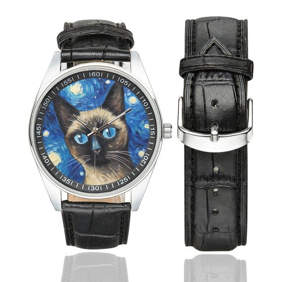 Starry Night Siamese Cat Watch: Black Leather Band, Gift for  display picture 1
