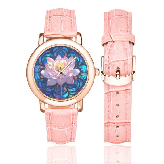 Schattig Lotus horloge met rosevergulde rand en roze lederen band pastel Goth horloges voor dames en kinderen Kawaii cadeau voor Lotus liefhebbers Etsy Nederland