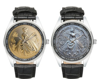 Cinderella Medal Watch: Gold & Silver Coin Style, Black Leather Band
