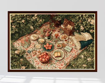 May include: A framed print of a picnic scene. A patterned blanket is spread on the grass, laden with food, drinks, and a wicker basket. The scene is surrounded by lush greenery and flowers, creating a serene outdoor setting.
