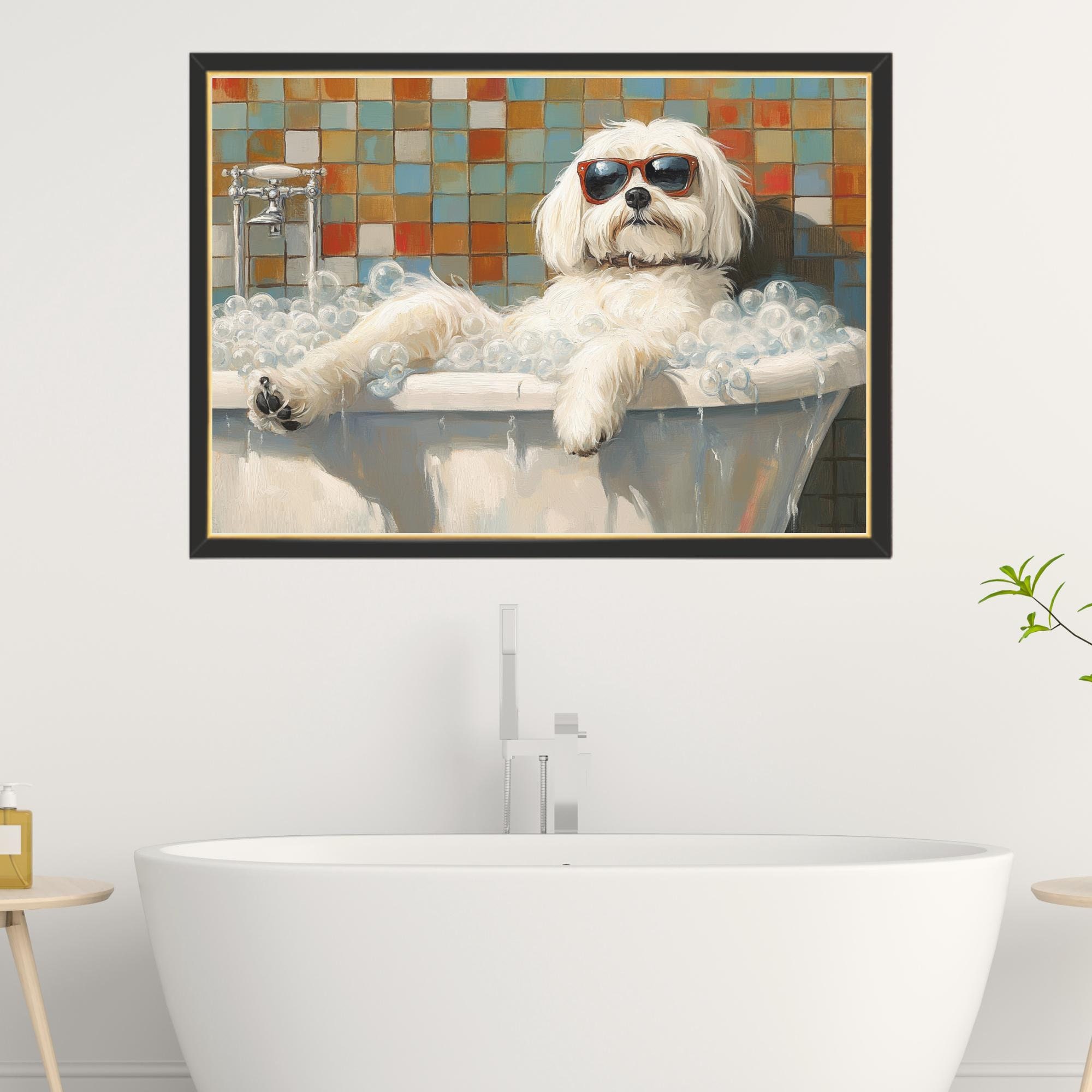 Havanese Taking Bubble Bath Jigsaw Puzzle 300/500/1000 Piece - Havanese on a Bathtub in Bathroom - Pet Shower Decor Puzzles