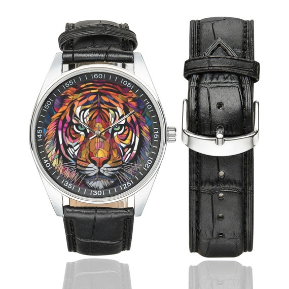 Stained Glass Tiger Watch: Black Leather Band, Silver Tone  display picture 2