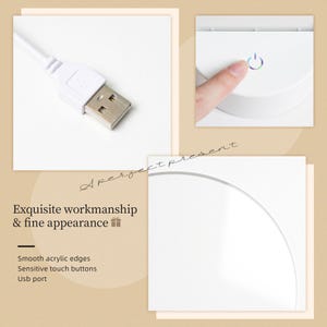 May include: White USB-powered LED desk lamp with a touch-sensitive button and a circular base. The lamp is plugged into a USB port.