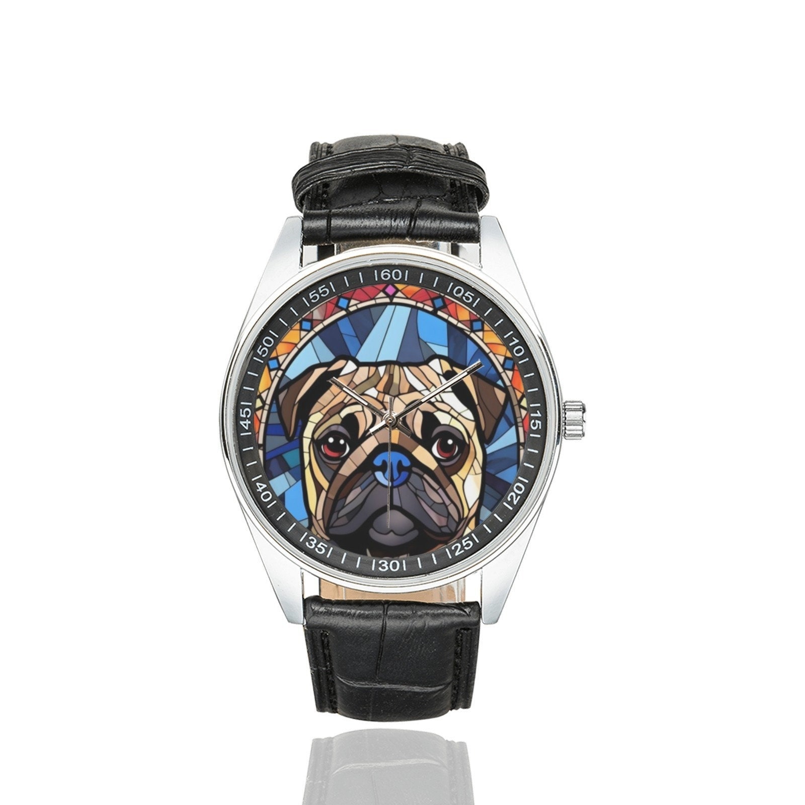 Stained Glass Pug Watch: Black Leather Band, Stainless Steel  display picture 2