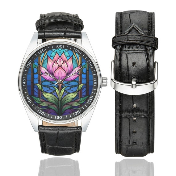 Lotus horloge van gebrandschilderd glas met zwarte leren band horloges voor mannen en vrouwen perfect cadeau voor lotusliefhebbers Etsy Belgie