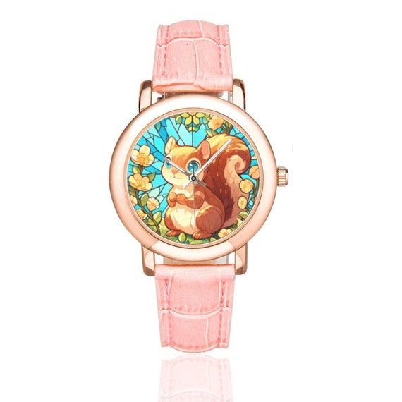 Squirrel Watch: Rose Gold Bezel, Pink Leather Band Pastel Goth