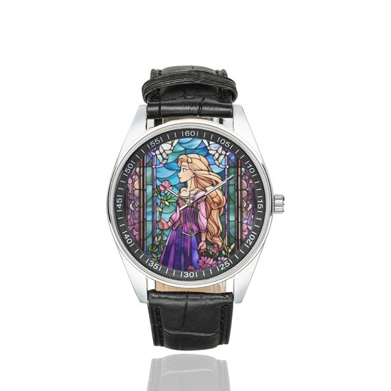 Rapunzel Stained Glass Watch: Black Leather Band, Silver  display picture 1