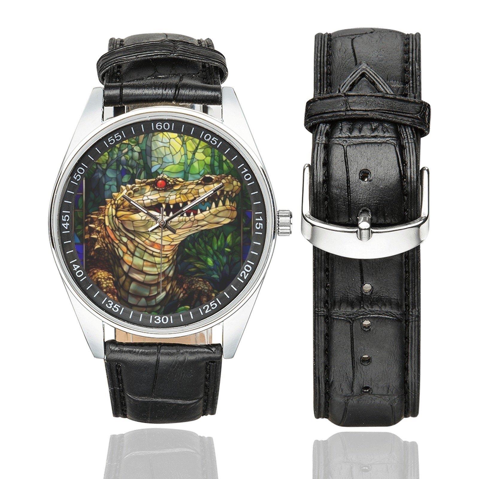 Stained Glass Crocodile Watch: Black Leather Band, Silver  display picture 3