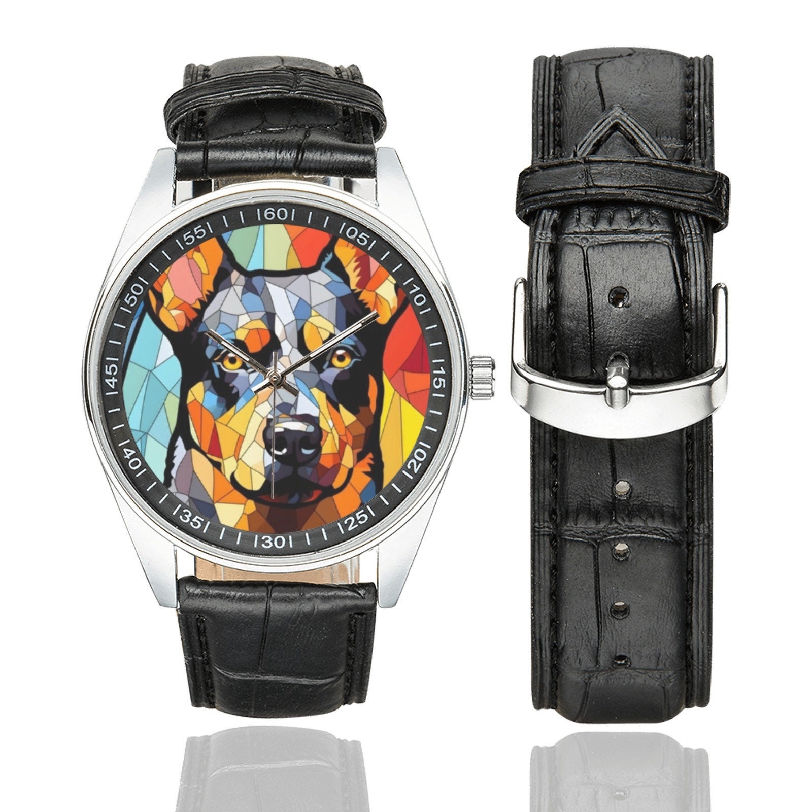 Montre bouvier australien en vitrail bracelet en cuir noir