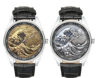 Gold and Silver Medal The Great Wave Off Kanagawa Watch with Black Leather Band, Coin Collecting Watches for Men and Women