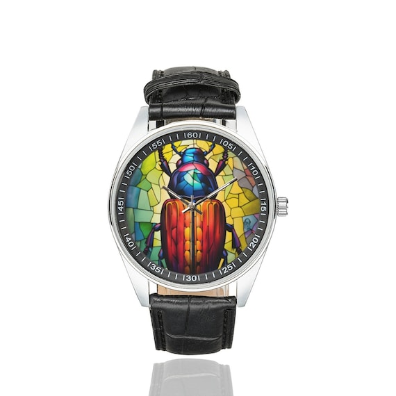 Stained Glass Beetle Watch with Black Leather Band Watches for Men and Women Perfect Gift for Beetle Lovers