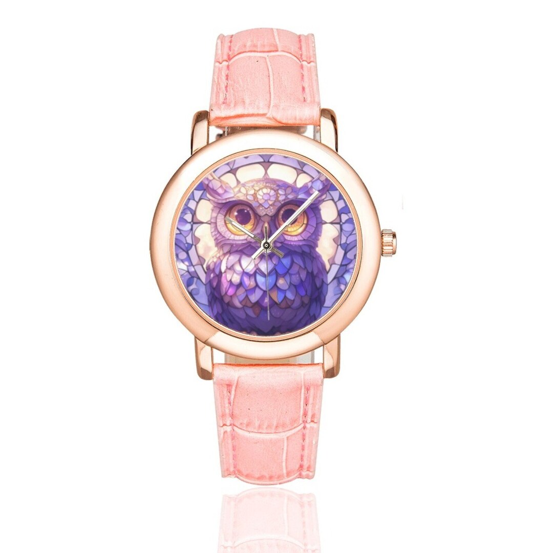 Niedliche Eulen Armbanduhr mit rosévergoldeter Lünette und rosa Lederband,  Pastel Goth Uhren für Damen und Kinder Kawaii Geschenk für Eulenliebhaber 