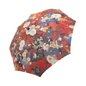 Ombrello pieghevole in stile Chiyogami giapponese con motivo in carta origami a forma di fiore rosso - Apertura e chiusura automatica - Stampa su entrambi i lati