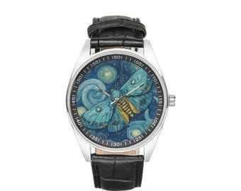 Starry Night Moth Watch: Black Leather Band, Stainless Steel Case