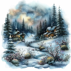 Clipart invernale / Clipart villaggio invernale / 10 JPG di alta qualità / Paesaggio invernale / Arte acquerello / Download digitale, creazione di biglietti