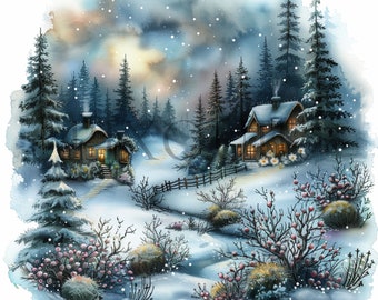 Watercolor Winter Village Clipart | Cozy Landscape, Card Making (Digital Download)