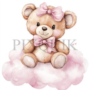 Ours en peluche assis sur un nuage | 10 fichiers JPG et PNG | Fabrication de cartes | Artisanat numérique en papier | Aquarelle | Style bohème, nuage rose