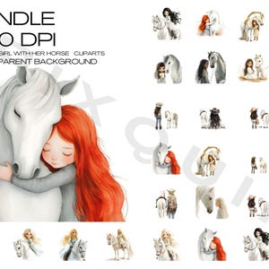 Girl with Horse Clipart, Digital Horse and Rider Art, Country Girl Illustration, White Horse Clipart, Equestrian Digital PNG, Kid’s Horse Ar