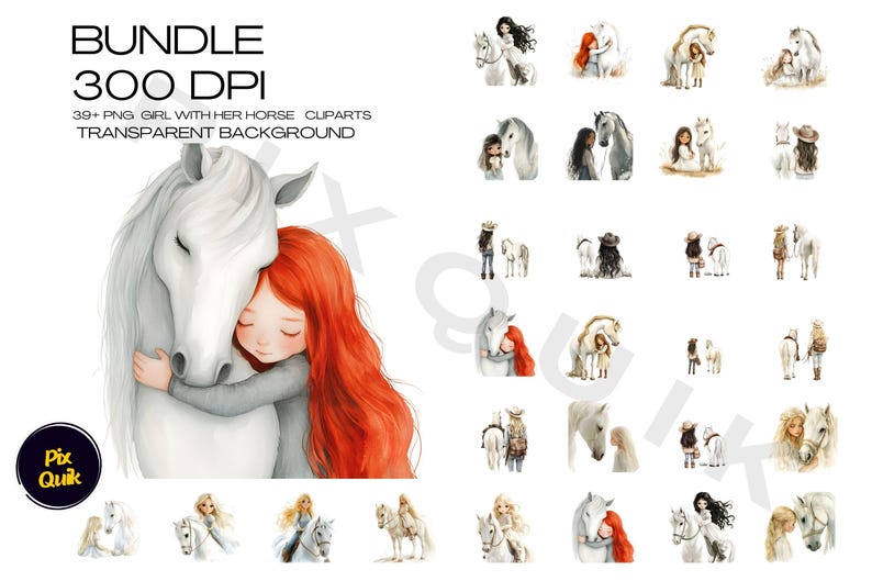 Girl with Horse Clipart, Digital Horse and Rider Art, Country Girl Illustration, White Horse Clipart, Equestrian Digital PNG, Kid’s Horse Ar