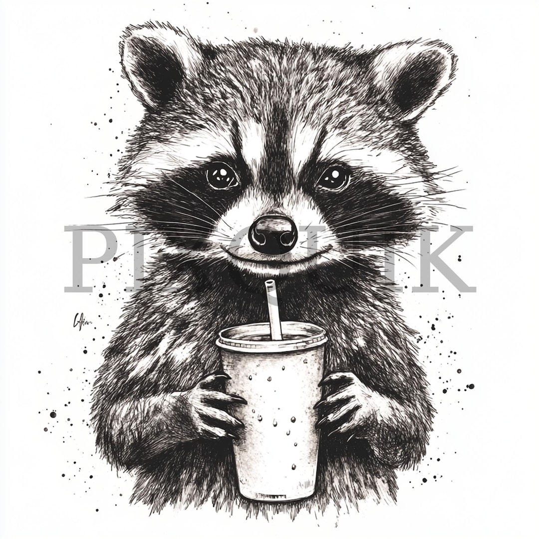 Drinking Racoon Line Drawing Raccoon With Drink Watercolor Clipart | Forest Animal Illustration (JPG ...