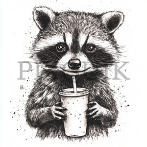 Raton laveur avec boisson Clipart | 10 fichiers JPG | Fabrication de cartes | Artisanat numérique en papier | Aquarelle | Illustration mignonne d'animal de forêt