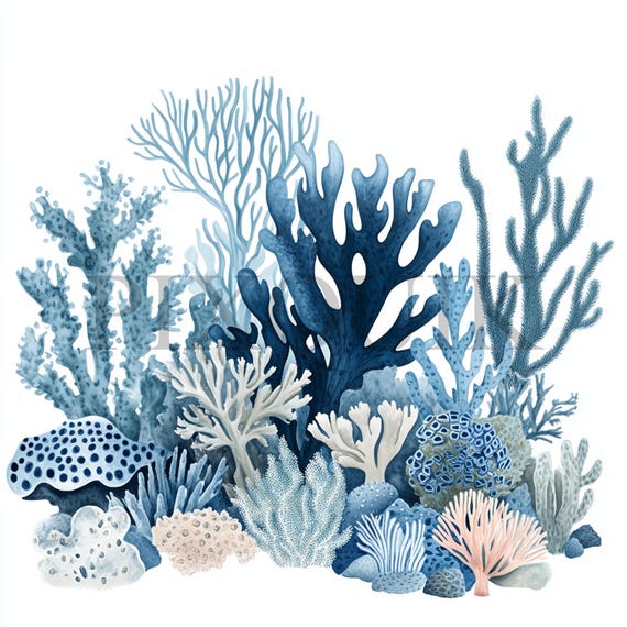 Watercolor Coral Reef Clipart: Marine Life Art (JPG & PNG Files)