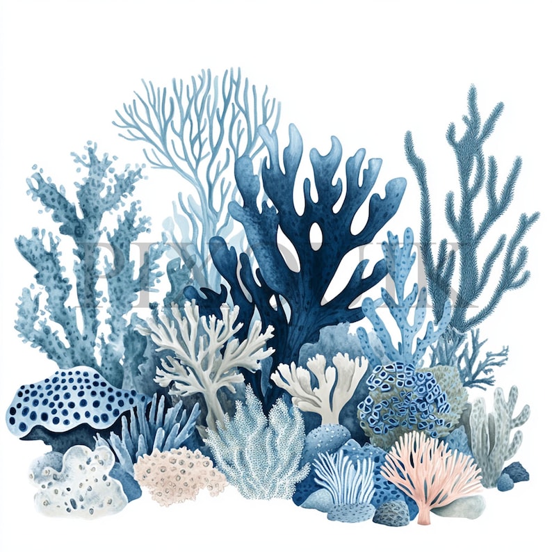 a watercolor painting of corals and seaweed