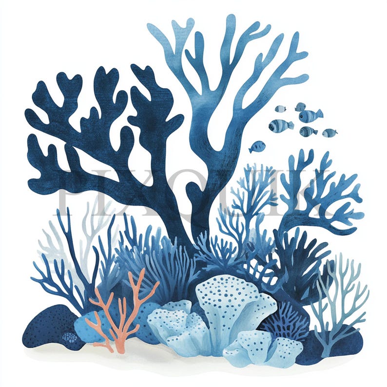a watercolor painting of corals and seaweed on a white background