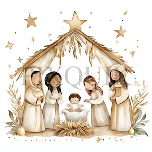 Presépio de Natal Clipart | 10 arquivos JPG e PNG | Criação de cartões | Artesanato em papel digital | Arte em aquarela | Cena de presépio religioso