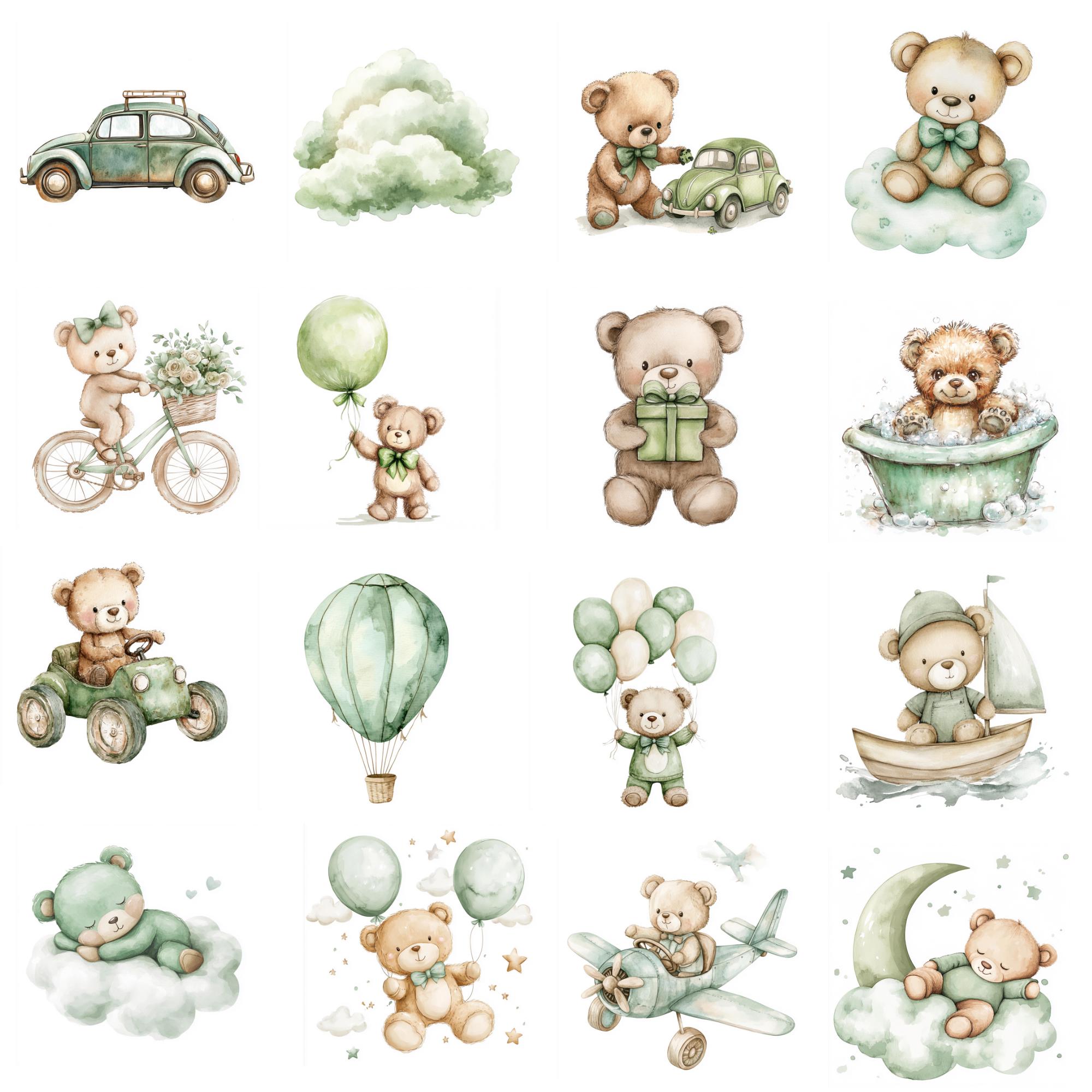 Watercolor Green Teddy Bear Clipart Bundle: 160+ JPG & PNG Files - Etsy