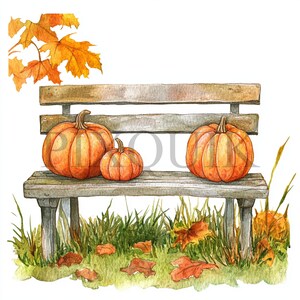 Watercolor Autumn Bench Clipart | Fall Pumpkin Scene (digital Download ...