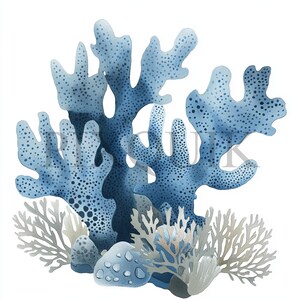 a group of blue corals and seaweed on a white background