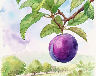 Puede incluir: Una pintura de acuarela de una ciruela morada colgando de una rama con hojas verdes. La ciruela está en foco y el fondo es un paisaje borroso de acuarela con árboles verdes.