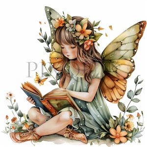 Clipart di lettura ad acquerello / 10 JPG di alta qualità / Clipart di lettura / / Ragazza fata che legge / Grafica artistica fata / Illustrazione fata topo di biblioteca