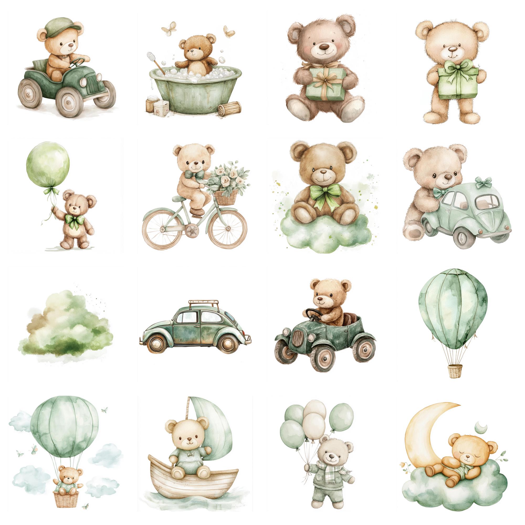Watercolor Green Teddy Bear Clipart Bundle: 160+ JPG & PNG Files - Etsy