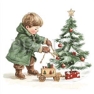 Vintage kleine jongen speelt met een houten speelgoed-clipart | 10 clipartbestanden | Kaarten maken | Digitale papierkunst | Aquarelkunst | Festivaldes