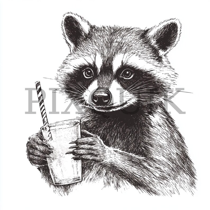 Drinking Racoon Line Drawing Raccoon With Drink Watercolor Clipart | Forest Animal Illustration (JPG ...
