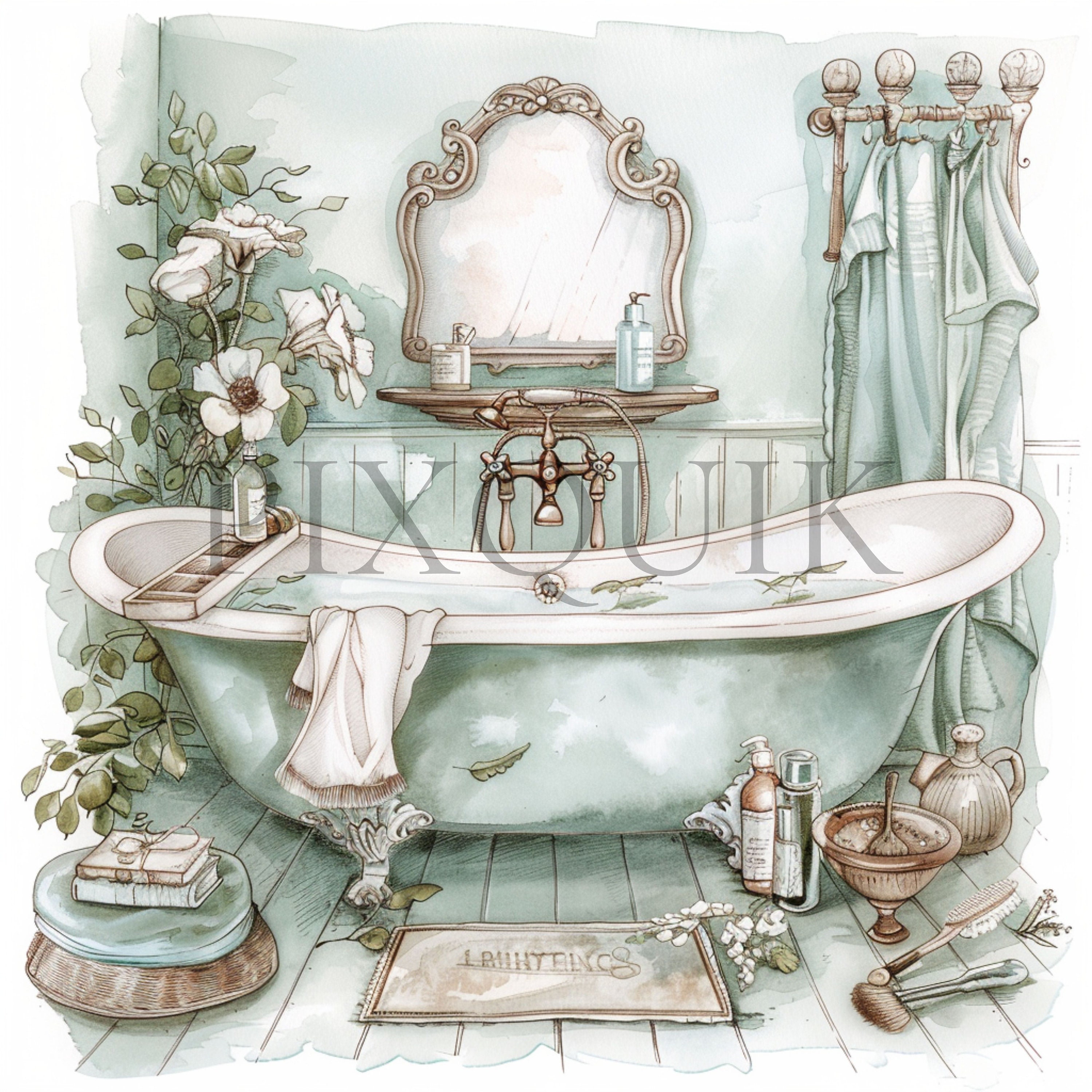 Vintage Floral Bathroom Clipart 10 High Quality JPG Bathroom Clipart ...