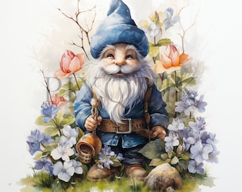 Spring Watercolor Gnome Clipart | Floral JPG Images (Digital Download)