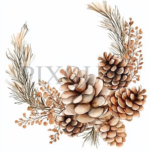 May include: A watercolor illustration of a wreath made of pine branches, dried grasses, and pine cones. The pine cones are brown and have a natural texture. The wreath is perfect for a rustic or farmhouse style decor.