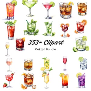 Clipart di cocktail ad acquerello / 353+ file JPG / Creazione di biglietti / Arte di bevande per feste / Arte ad acquerello / Illustrazioni di cocktail divertenti