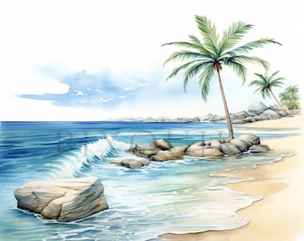 Watercolor Beach Clipart | Tropical Palm Tree Scene (Digital Download)