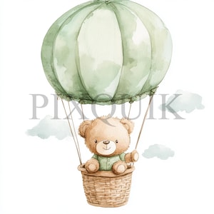 Orsetto con palloncini Clipart / 10 file JPG e PNG / Creazione di biglietti / Artigianato di carta digitale / Arte ad acquerello / Stile Boho, verde chiaro