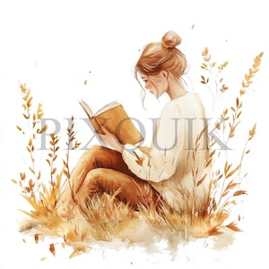 Clipart de niña leyendo un libro en otoño estilo bohemio / 10 JPG y PNG de alta calidad / Arte acogedor de lectura otoñal / Ilustración otoñal en acuarela / Pared de libros