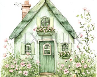 Green Cottage Clipart | Vintage Country JPG Images (Digital Download)