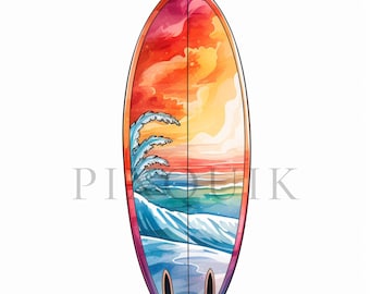 Surfbrett Clipart | Sonnenuntergang am Strand Illustration (Digitaler Download)