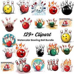 May include: A set of 129+ watercolor clipart images of bowling balls in various colors and designs. The images include bowling balls with flames, stars, and other patterns. The text "129+ Clipart Watercolor Bowling Ball Bundle" is included in the image.