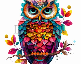 Colorful Owl Clipart | Vibrant Feathered Owl JPGs (Digital Download)