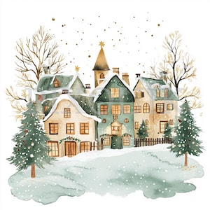 Kerstdorp clipart | 8PNG-bestanden | Kaarten maken | Fastival-ontwerp | Aquarelkunst | Boho-stijl met groene tinten